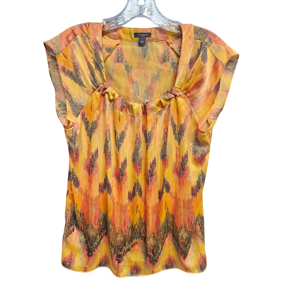 Ann Taylor Womens Beaded Ikat Print Cap Sleeve Blouse Orange Yellow Size 6